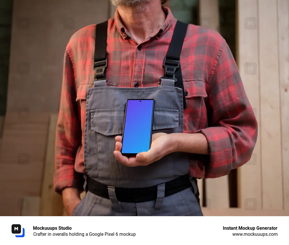 Crafter in overalls holding a Google Pixel 6 mockup