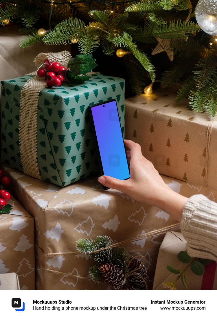 Hand holding a phone mockup under the Christmas tree