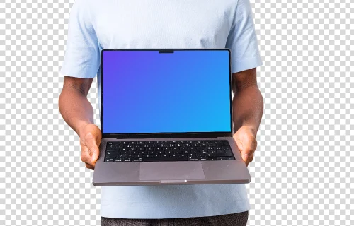Man in light shirt holding MacBook mockup