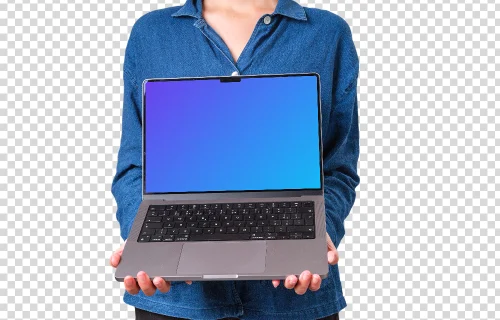 Woman in denim shirt holding MacBook mockup