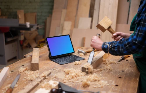 iPad Air mockup in the woodworking workshop