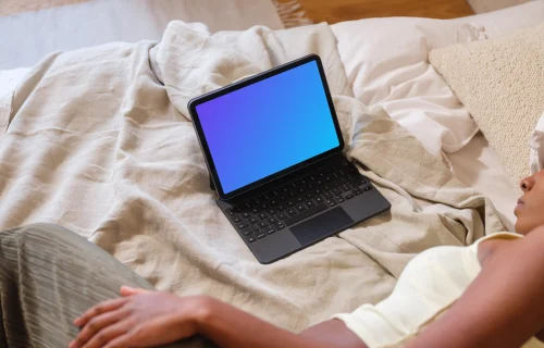 iPad Air mockup on cozy home bedding