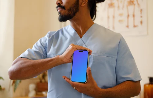 iPhone mockup in doctor’s hands