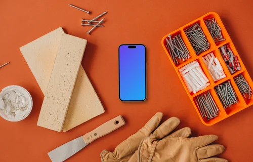 iPhone mockup in the center of a workshop space