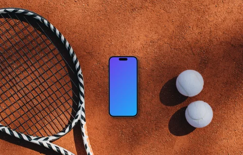 iPhone mockup next to the tennis racket with balls