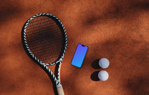 iPhone mockup with tennis racket and balls