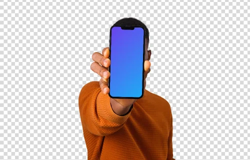 Man holding iPhone mockup in front of his face