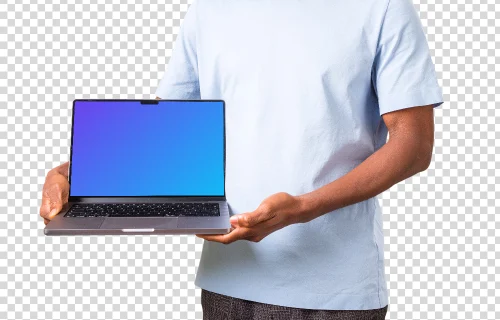 Man in light shirt holding MacBook mockup from the side
