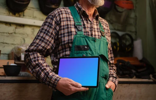 Mechanic holding an iPad Air mockup