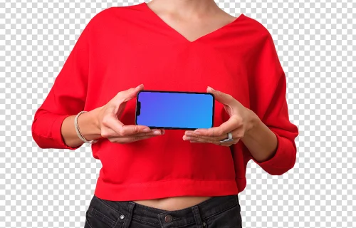 Mockup of a landscape iPhone held by woman in red shirt