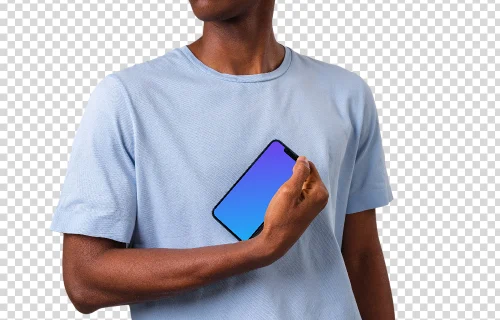 Mockup of a rotated iPhone mockup held by man in light shirt