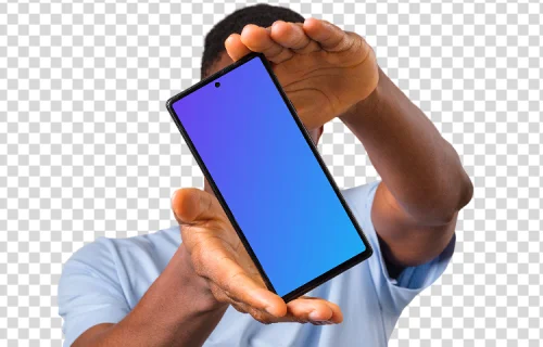 Mockup of rotated Google Pixel held by man in light shirt