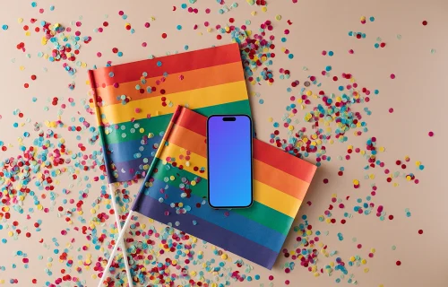 Smartphone mockup on top of LGBT flags