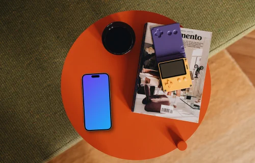 Smartphone mockup with gadgets on modern table