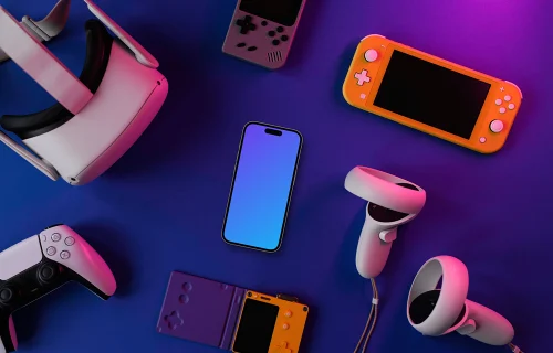 Smartphone mockup with gaming gadgets on purple backdrop