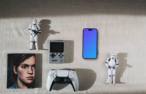 Smartphone mockup with gaming theme and collectibles
