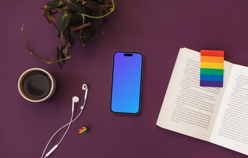 Smartphone mockup with headphones and LGBT decorations