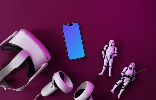 Smartphone mockup with VR headset and action figures