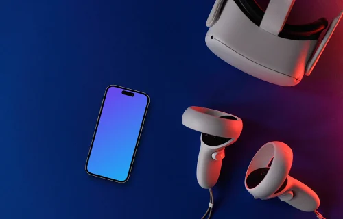 Smartphone mockup with VR headset and controllers on dual-tone background