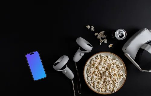 Smartphone mockup with VR headset and gaming snacks