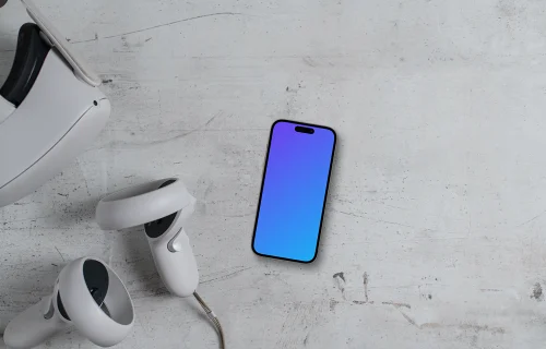Smartphone mockup with VR headset on concrete surface