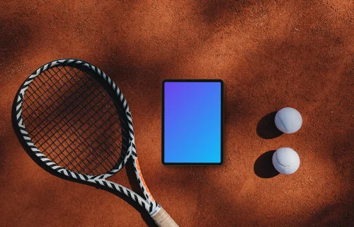 Tablet mockup between tennis racket and balls