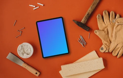 Tablet mockup in the center of a workshop space