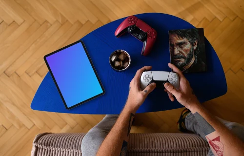 Tablet mockup on a cozy gamer's coffee table