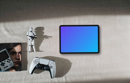 Tablet mockup with gaming theme and collectibles