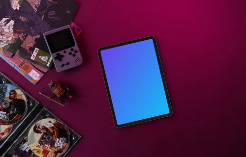 Tablet mockup with retro gaming and music theme