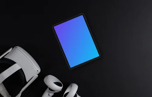 Tablet mockup with VR headset on dark background