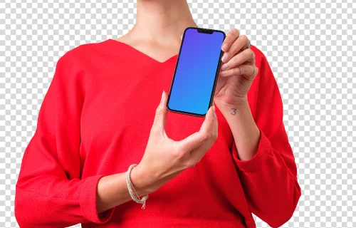 Woman in red shirt holding iPhone mockup with both hands