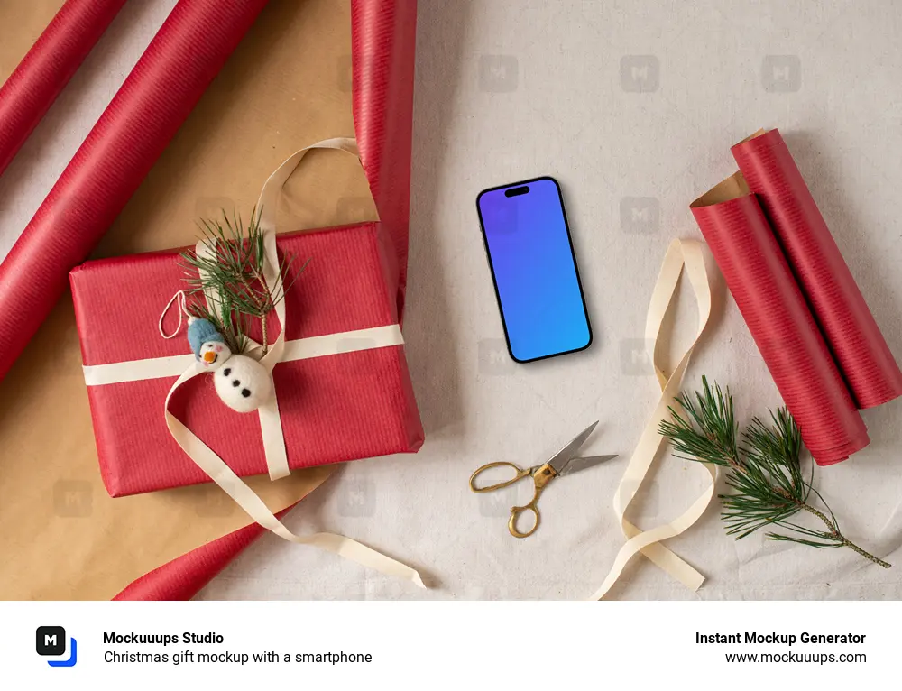 Christmas gift mockup with a smartphone