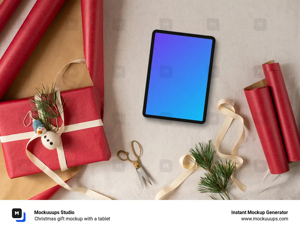 Christmas gift mockup with a tablet