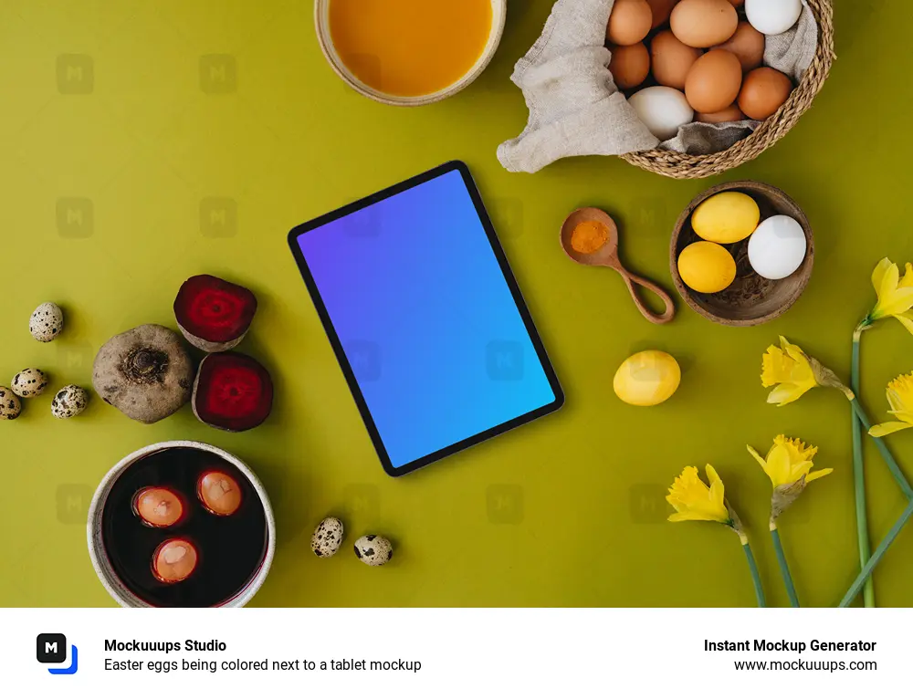 Easter eggs being colored next to a tablet mockup