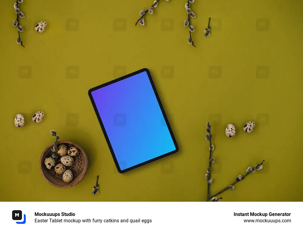 Easter Tablet mockup with furry catkins and quail eggs