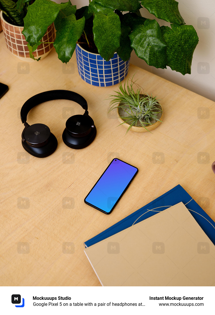 Google Pixel 5 on a table with a pair of headphones at the side