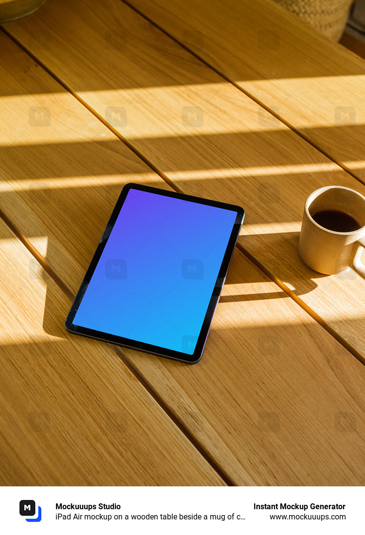 iPad Air mockup on a wooden table beside a mug of coffee