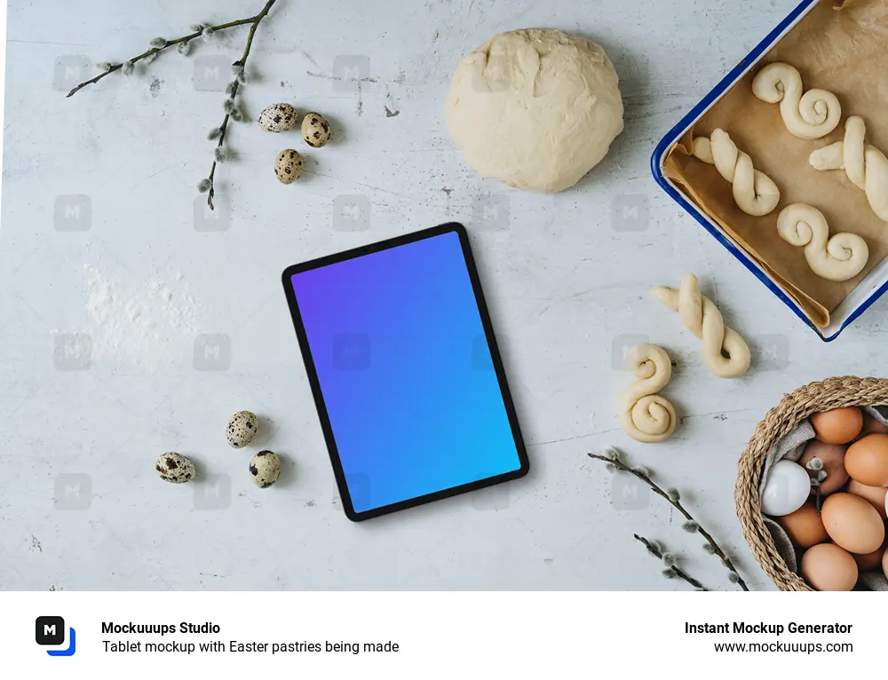 Tablet mockup with Easter pastries being made