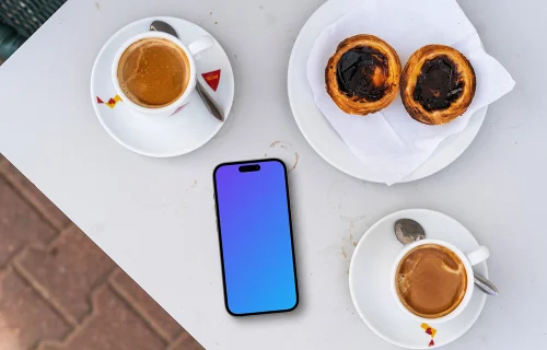 A smartphone mockup with coffees and snacks
