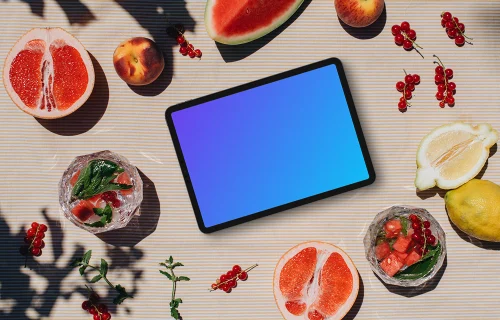 Landscape tablet with a fresh fruit on the table