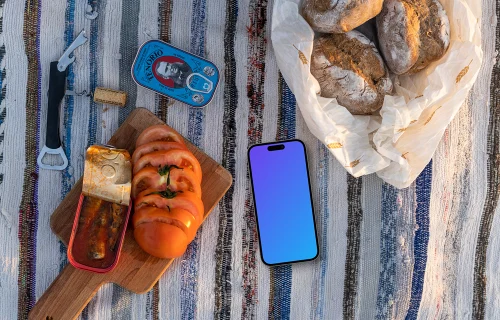 Smartphone mockup on a picnic blanket