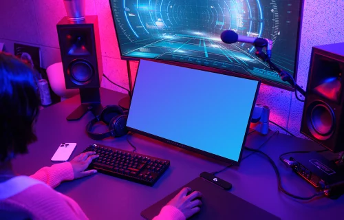 Dell monitor mockup in vibrant gaming setup