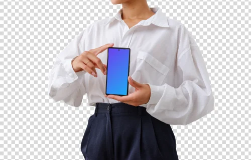 Female entrepreneur confidently holding a Google Pixel 6 mockup