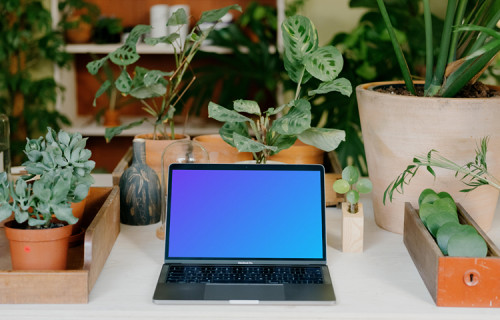 MacBook Pro Mockup on a white garden table.