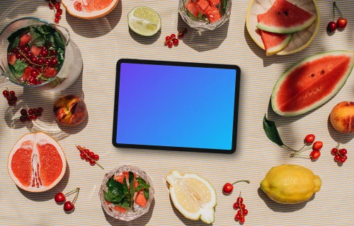 Vue de dessus d'une tablette de type paysage mockup avec des fruits