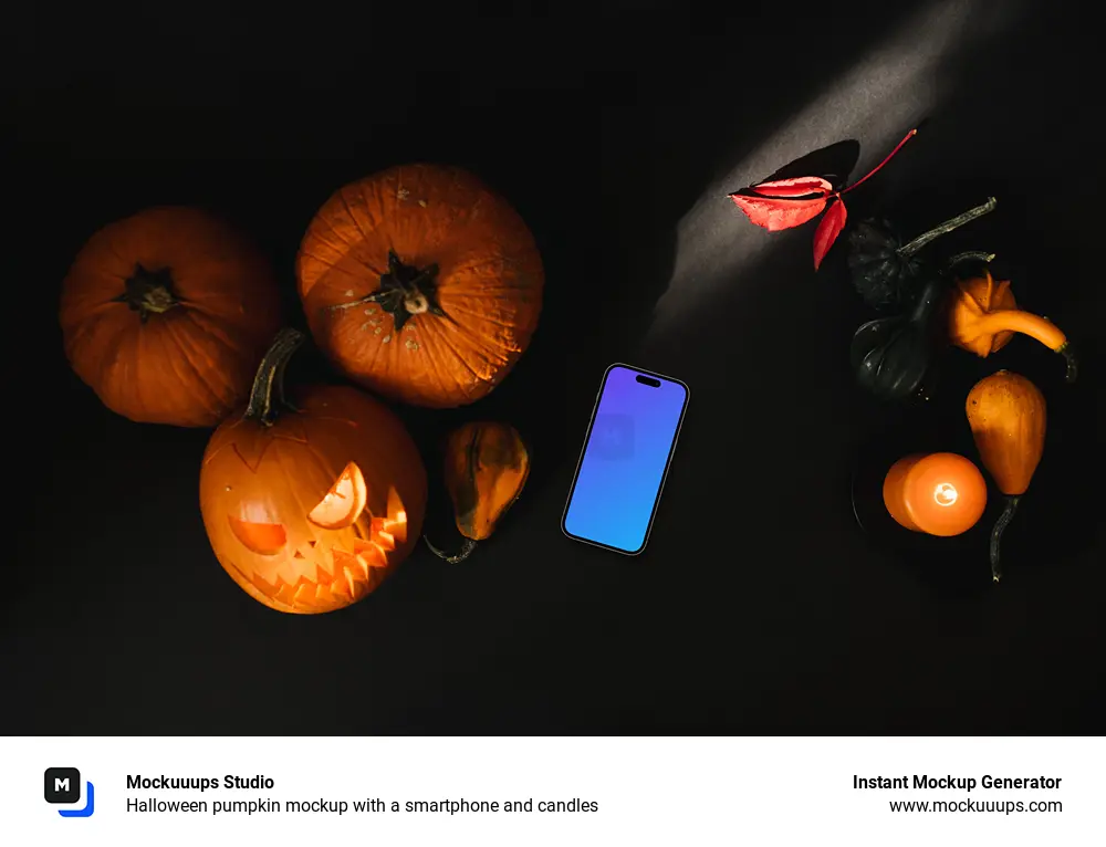Halloween pumpkin mockup with a smartphone and candles