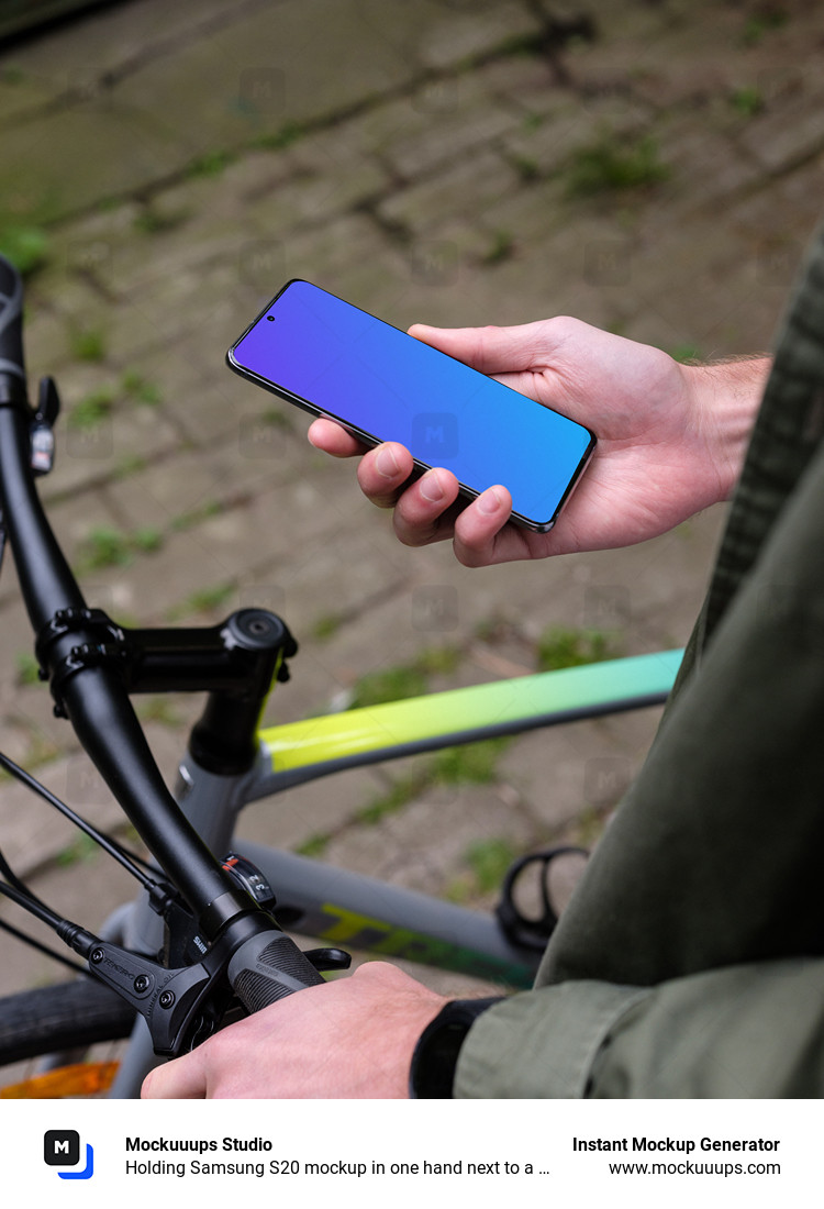 Tenant Samsung S20 mockup dans une main à côté d'un vélo