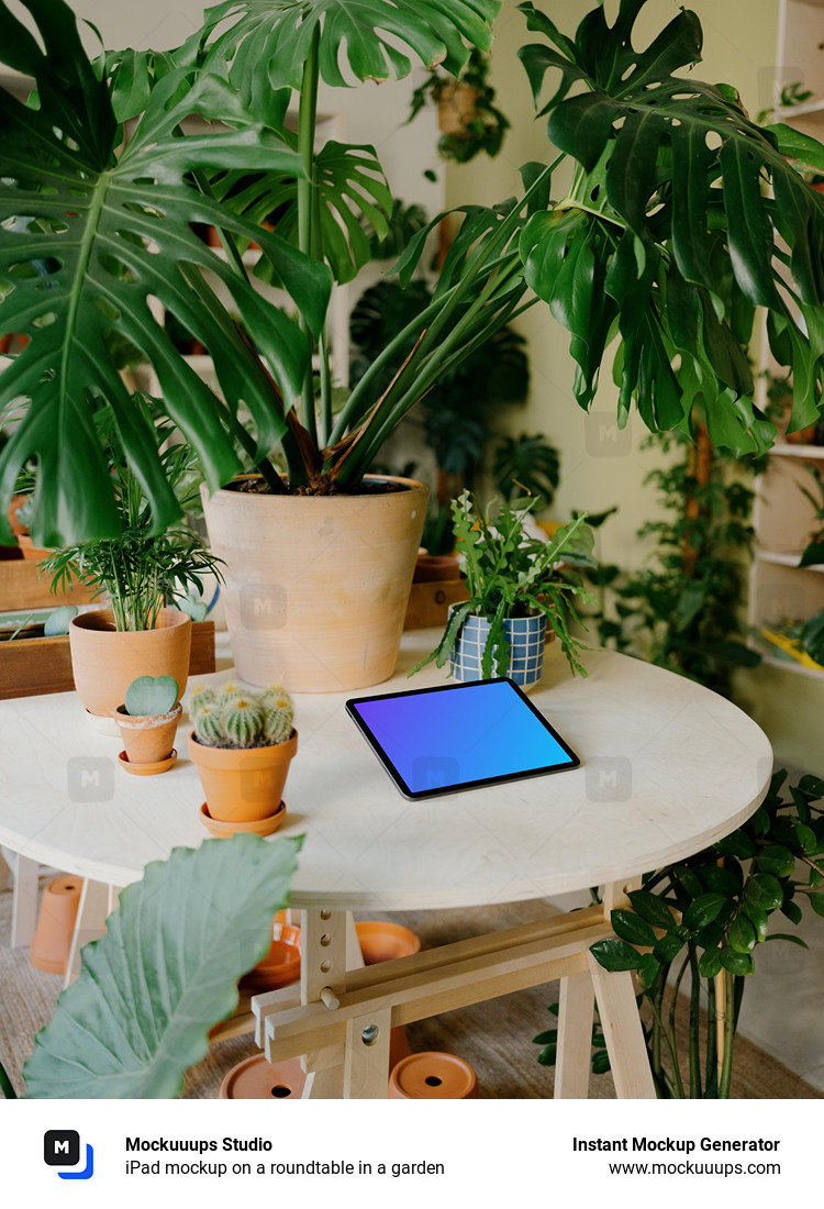 iPad mockup on a roundtable in a garden