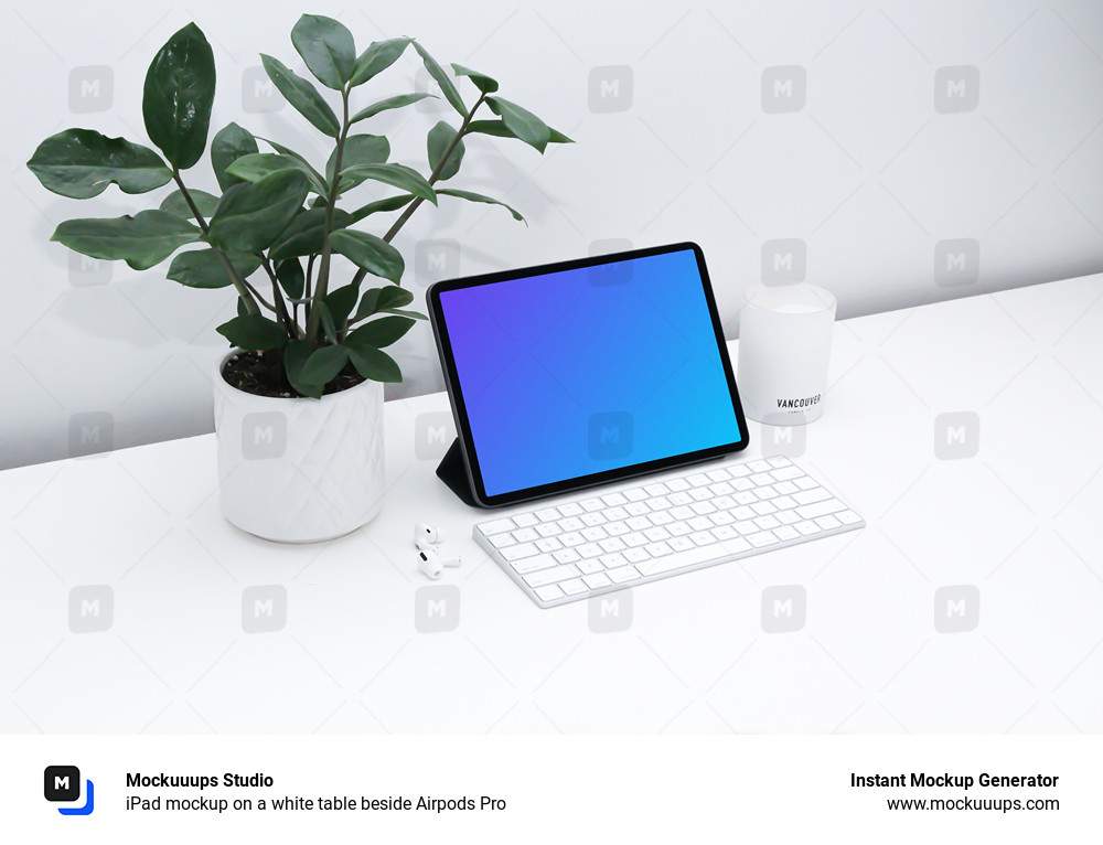 iPad mockup on a white table beside Airpods Pro